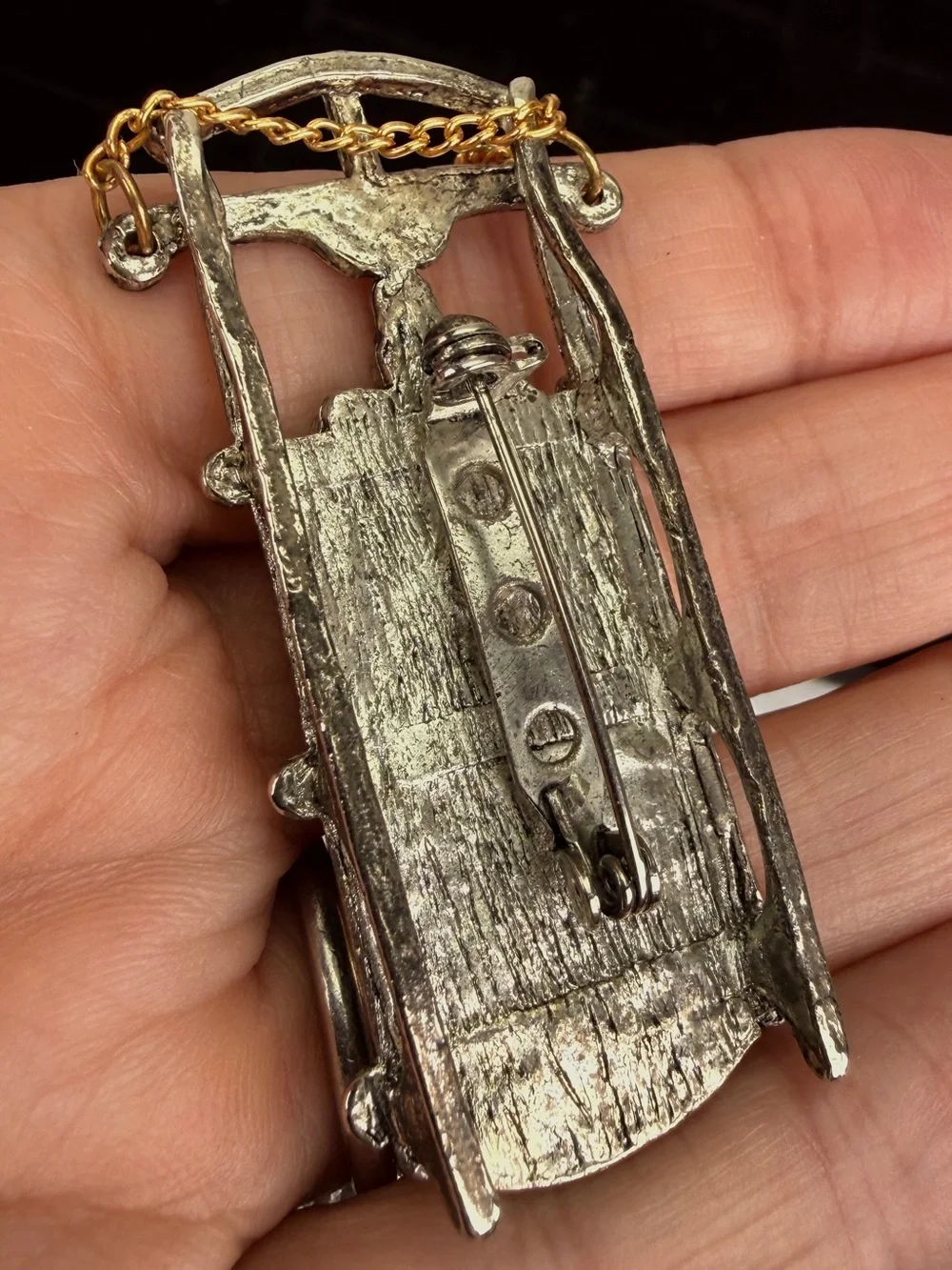 Vintage Silver Tone Sleigh Brooch Gold Chain Figural Winter Holiday Sled Pin